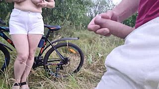 omg, this guy just flashes and jerks off in public near some random girl, wild stuff happening in the forest!