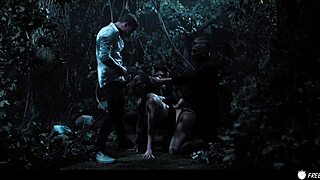 This busty chick got stuck in time, so three dudes took her hard in the forest.