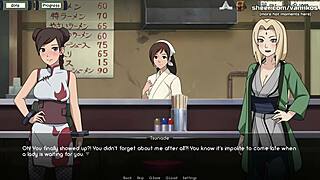 naruto kunoichi trainer, tsunade and tenten work me with handjob and footjob in public restaurant