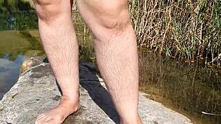 Hairy wife flashing nude outdoors in public spot