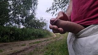 omg, this guy just flashes and jerks off in public near some random girl, wild stuff happening in the forest!