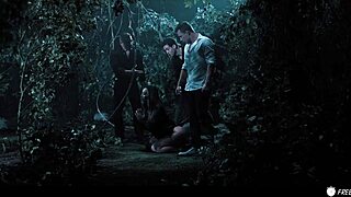 This busty chick got stuck in time, so three dudes took her hard in the forest.