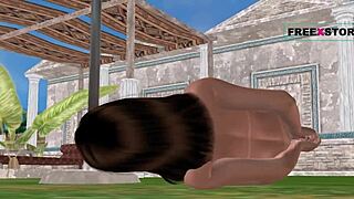 Wow, this cute 3D cartoon girl masturbates with a cucumber on the ground! How wild is that?