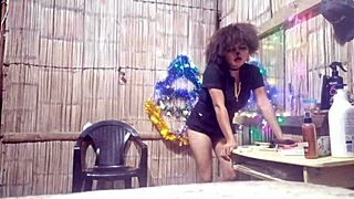 beautiful asian with curly hair fucks pizza delivery boy in old house for christmas