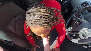 The busty black woman squirts during missionary sex in the car, involving domination and creampie.