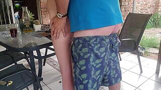 fooling around with my neighbor’s blonde wife outdoor. her tight body rocks on the patio.