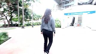 Pregnant slut daringly sucks huge black dick outside in Florida daylight.