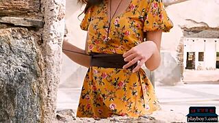 Natural brunette milf Willa Prescott strips outdoors for a stunning show