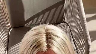 Blonde in lingerie gives deep throat blowjob with lots of saliva and dirty talk