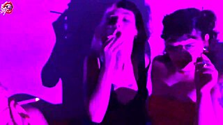 Four teen sluts worship feet, stripping in lingerie while smoking