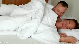 i wake up with my wife for pretty morning sex in bedroom. her shaved pussy and huge cock feel amazing!