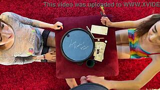 Two hot sluts compete to give a handjob first