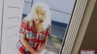 Blonde cutie Annie Archer rubs twat with toy, fingers herself, and gives sloppy bj.