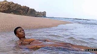 Specific Young black couple bangs hard on wet beach holiday