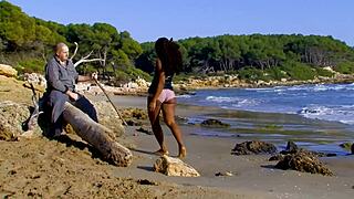 damn, this black milf gets slammed doggystyle on a beach, her stockings ripped, ass gaping from that monster cock!
