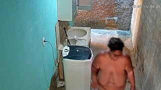 yo, caught stepmom showering and showing off in the backyard