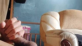 Masturbating cock in living room with panties and sniffing