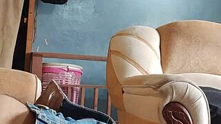 Masturbating cock in living room with panties and sniffing