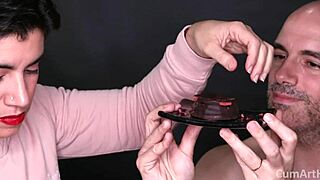 A brunette gives a very special liquid lunch to her man