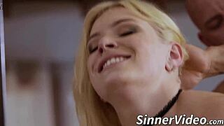 blonde bimbo screws bald guy, getting cum splashed on tight pussy