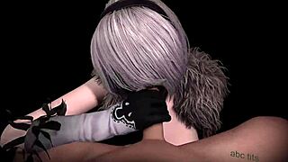 Does 2B give a blowjob and handjob in this 3D cartoon?