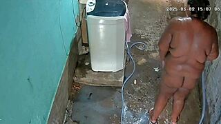 yo, caught stepmom showering and showing off in the backyard