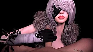 Does 2B give a blowjob and handjob in this 3D cartoon?