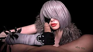 Does 2B give a blowjob and handjob in this 3D cartoon?