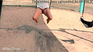 Wife Flashes Shaved Pussy on Swing Outdoors