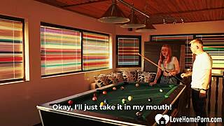 Sexy ginger bends over, breaking rules in the billiard room.