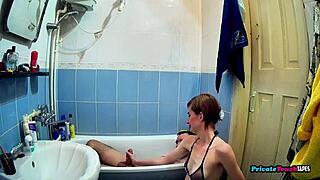 Skinny maid sucks cock in bathroom before getting fucked hard.