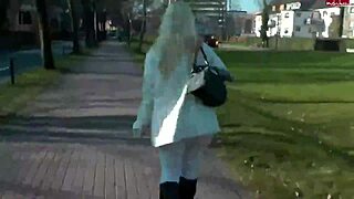 Hey, why's this German blonde teenslut bare in public streets?