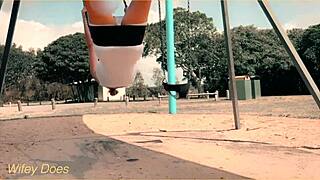 Wife Flashes Shaved Pussy on Swing Outdoors