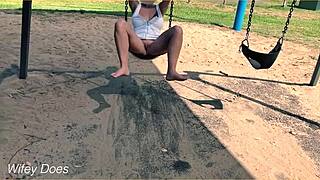 Wife Flashes Shaved Pussy on Swing Outdoors
