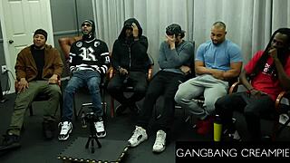 gangbangcreampie features a stunning blonde babe who craves multiple creampies in her tight pussy. she rides hard for every drop.