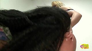 Busty blonde plays with a dildo in stockings while a cute brunette kisses her huge boobs.