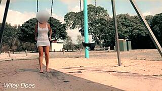 Wife Flashes Shaved Pussy on Swing Outdoors