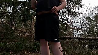Chubbykaot strips for solo masturbation in the forest with curvy outdoor exhibition