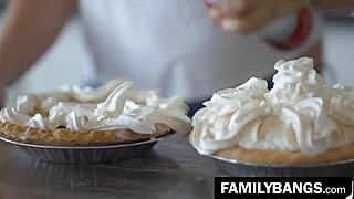 Spitting cream in sister's mouth, Leda Lotharia and Serena Blair get wild in the kitchen