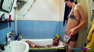 Skinny maid sucks cock in bathroom before getting fucked hard.