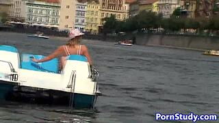 Public nude fetish eurobabe rides waterbike in outdoor setting