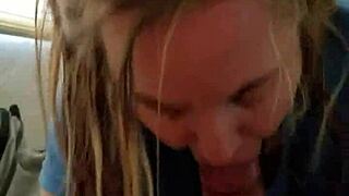 Blonde sucks hung stud till he explodes in her mouth