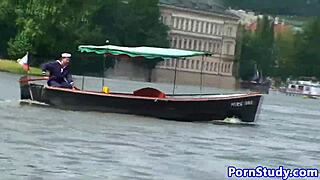 Public nude fetish eurobabe rides waterbike in outdoor setting