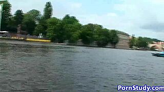 Public nude fetish eurobabe rides waterbike in outdoor setting