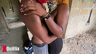 Outdoor couple enjoys quick sex with natural tits and hairy charm.