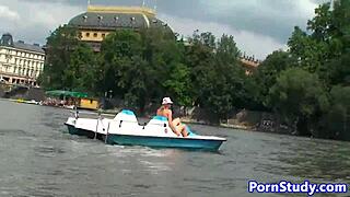 Public nude fetish eurobabe rides waterbike in outdoor setting