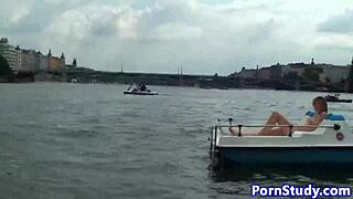 Public nude fetish eurobabe rides waterbike in outdoor setting