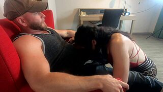 white trash wife gagging on thick cum while swallowing in filthy play.