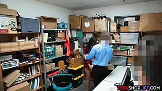 Security guards catch a cute teen shoplifter and screw her in office