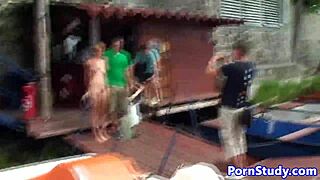 Public nude fetish eurobabe rides waterbike in outdoor setting